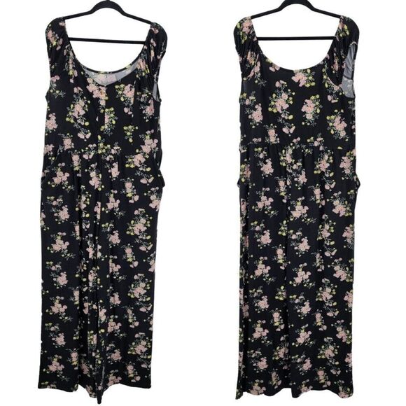 No Boundaries Off Shoulder Wide Leg Jumpsuit 3X Black Pink Floral Pockets Casual - Picture 2 of 12